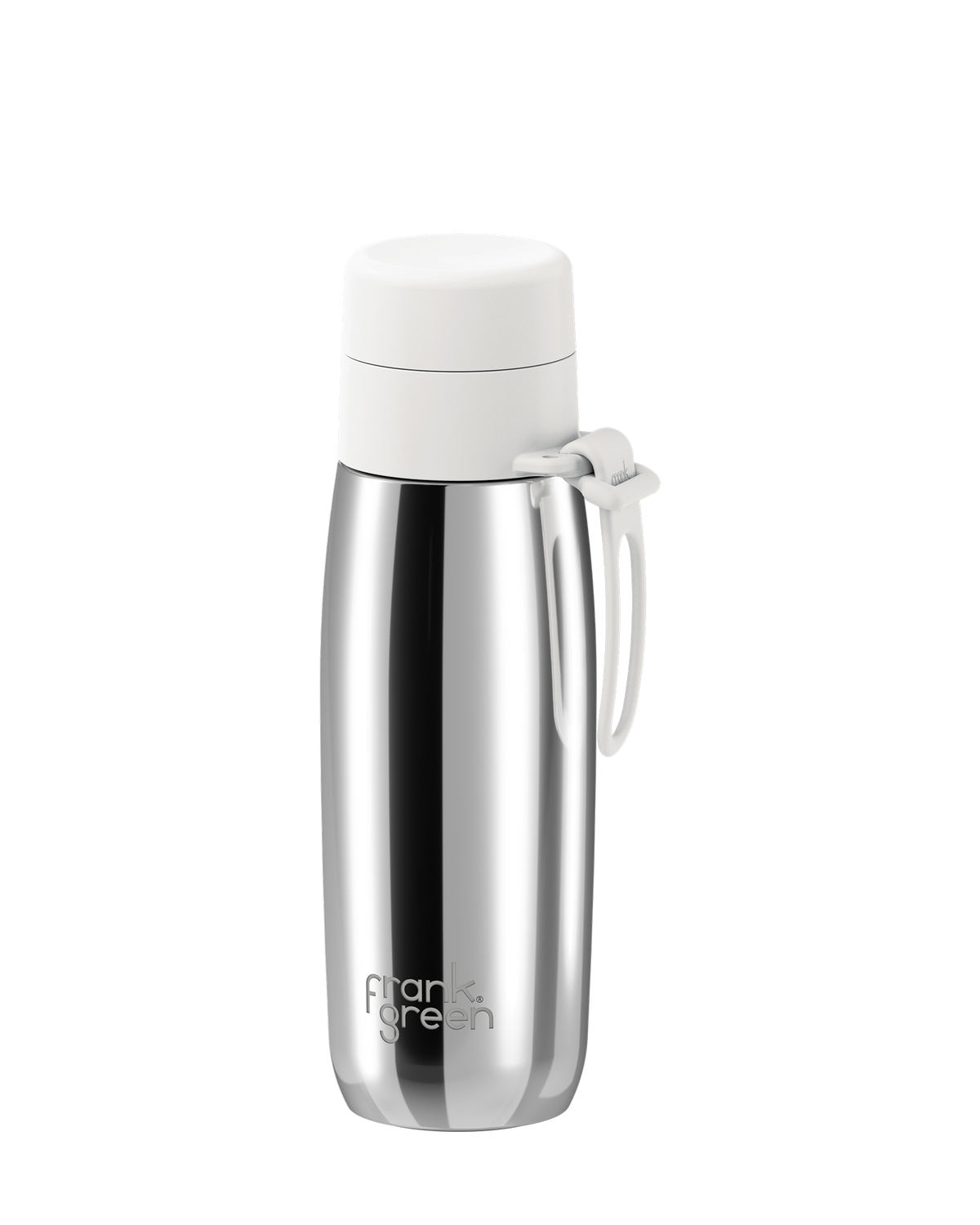 A polished stainless steel 20oz insulated bottle with a white thermal lid and carry loop, shown at an angle on a white background.