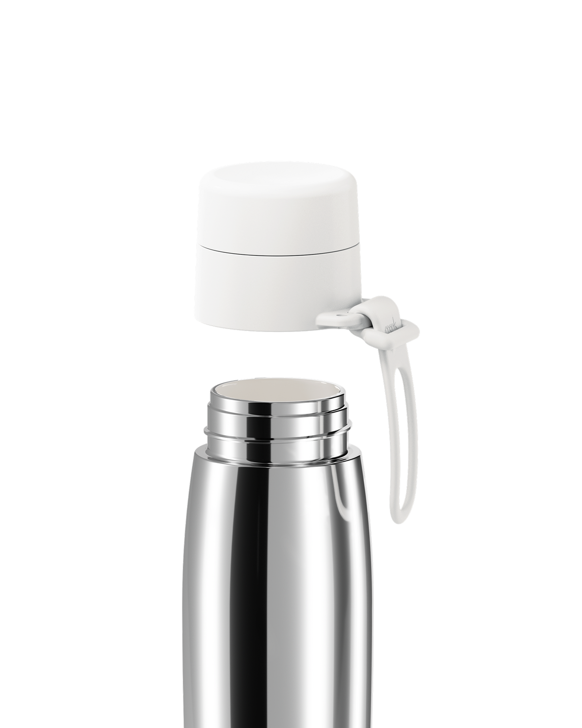 A polished stainless steel 20oz insulated bottle with the white lid lifted off, showing the stainless steel neck.
