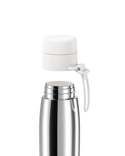 A polished stainless steel 20oz insulated bottle with the white lid lifted off, showing the stainless steel neck.