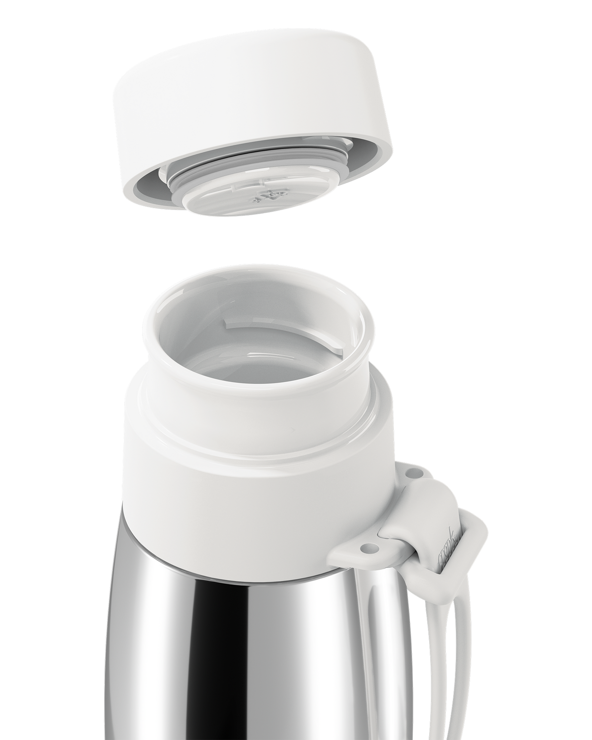 Close-up of a white thermal lid lifted off a polished stainless steel 20oz insulated bottle, showing the seal and open neck.