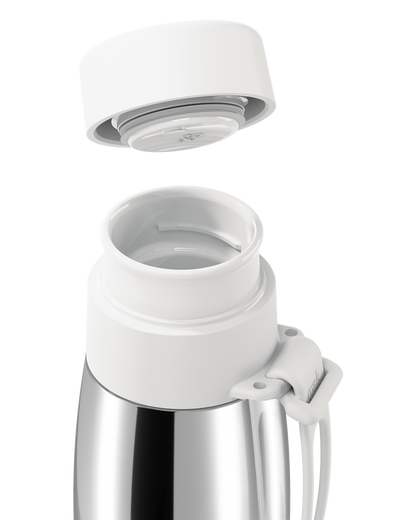 Close-up of a white thermal lid lifted off a polished stainless steel 20oz insulated bottle, showing the seal and open neck.