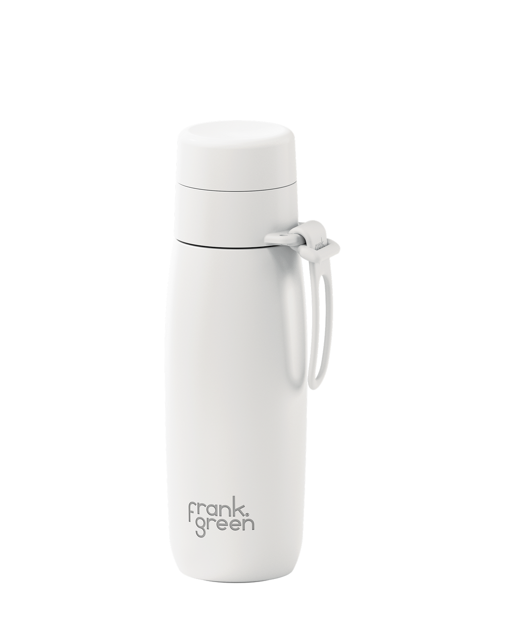 A white 20oz insulated bottle with a thermal lid and carry loop, shown at an angle on a white background.