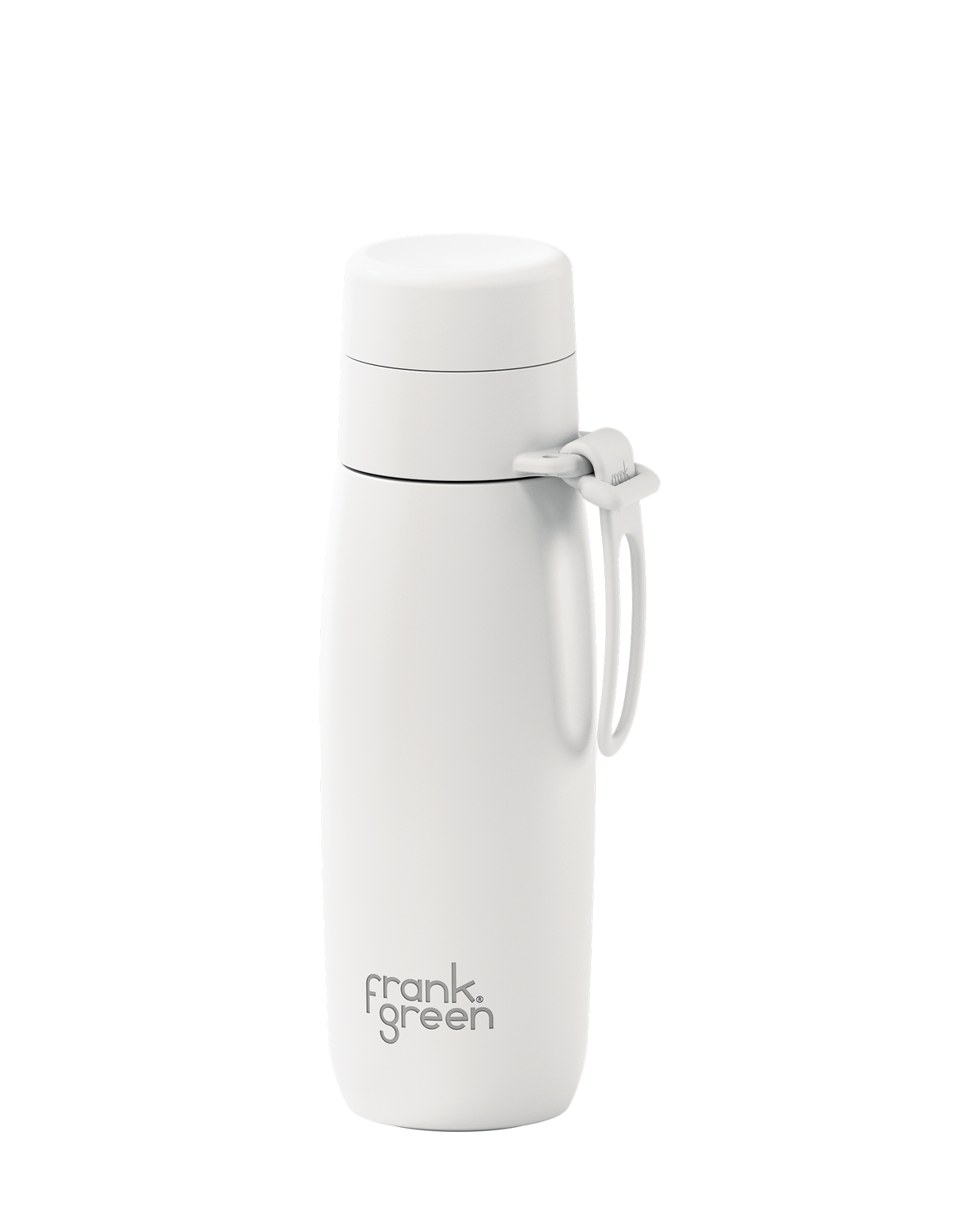 A white 20oz insulated bottle with a thermal lid and carry loop, shown at an angle on a white background.
