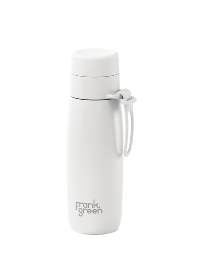 A white 20oz insulated bottle with a thermal lid and carry loop, shown at an angle on a white background.