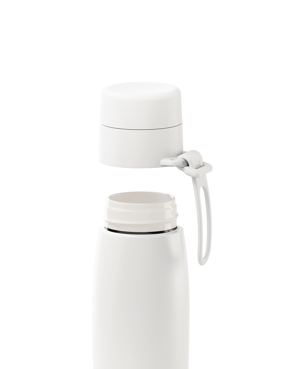 A white 20oz insulated bottle with the lid lifted off, showing the white ceramic-lined interior.