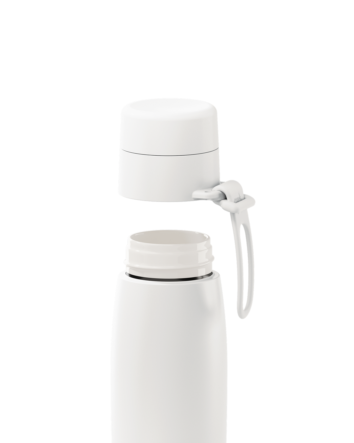A white 20oz insulated bottle with the lid lifted off, showing the white ceramic-lined interior.