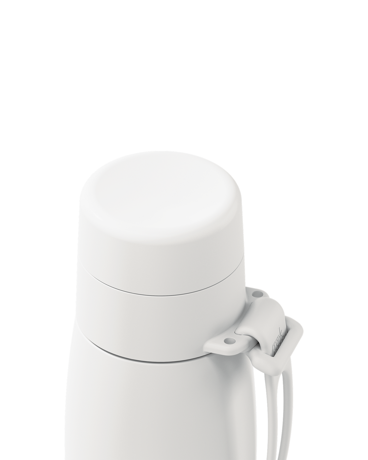 Close-up of a white thermal lid closed on a 20oz insulated bottle, with the carry loop attached.