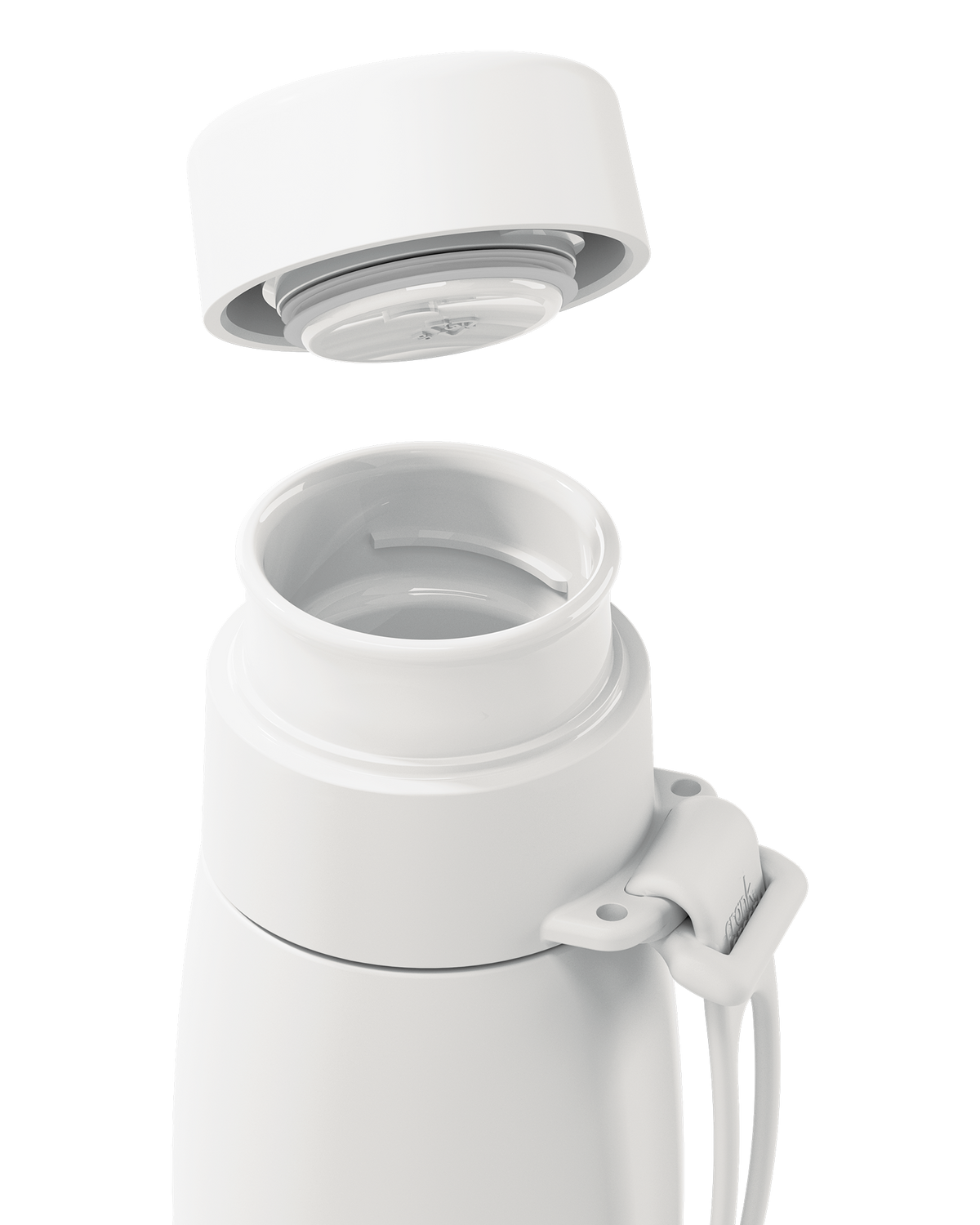 Close-up of a white thermal lid lifted off a 20oz insulated bottle, showing the seal and open neck.