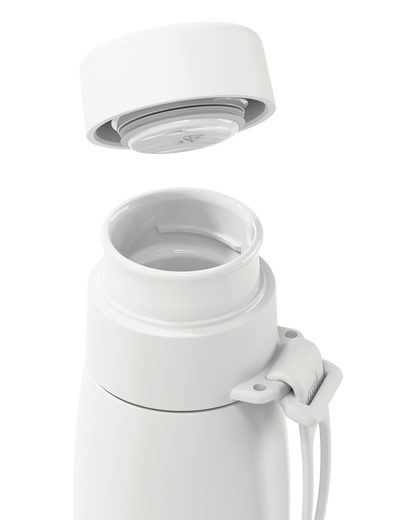 Close-up of a white thermal lid lifted off a 20oz insulated bottle, showing the seal and open neck.