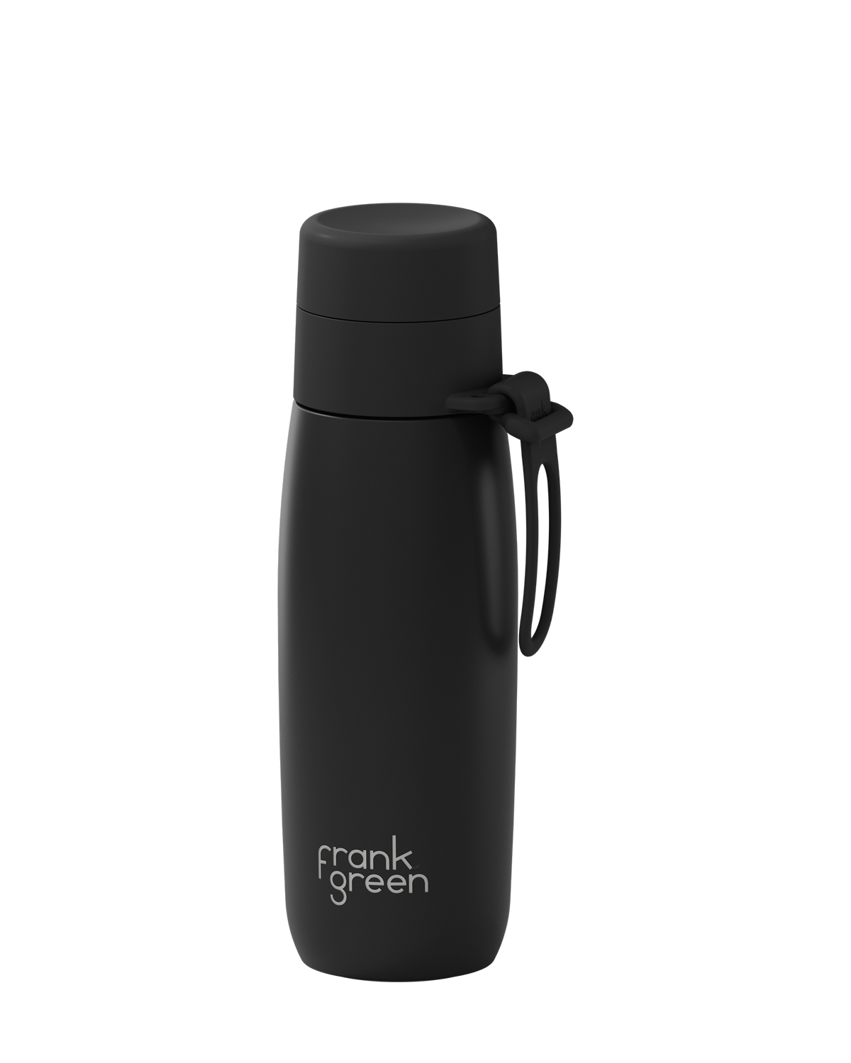 A matte black 20oz insulated bottle with a thermal lid and carry loop, shown at an angle on a white background.