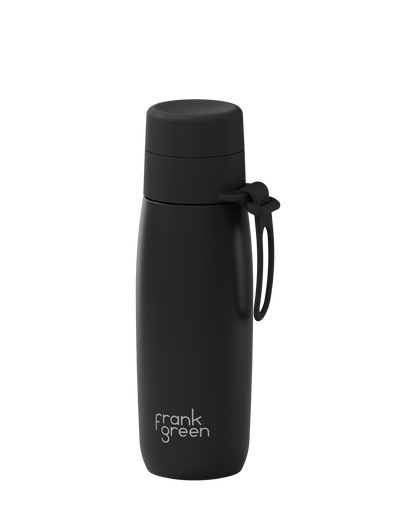 A matte black 20oz insulated bottle with a thermal lid and carry loop, shown at an angle on a white background.