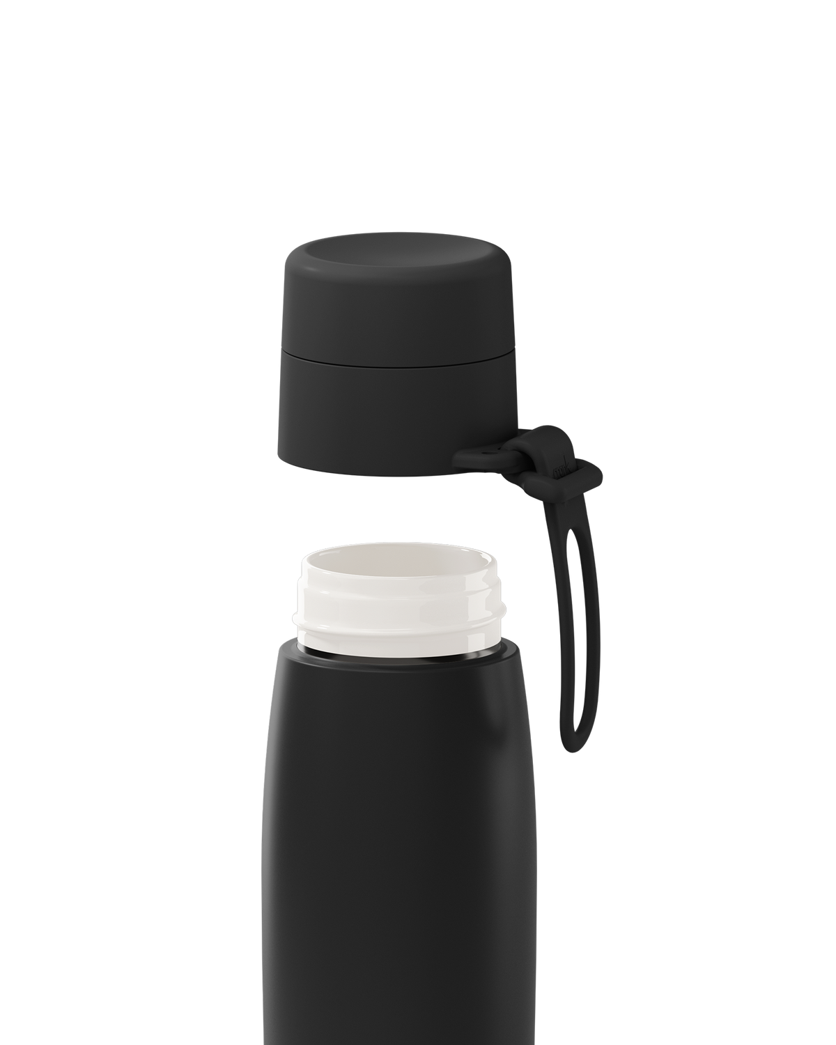 A matte black 20oz insulated bottle with the lid lifted off, showing the white ceramic-lined interior.