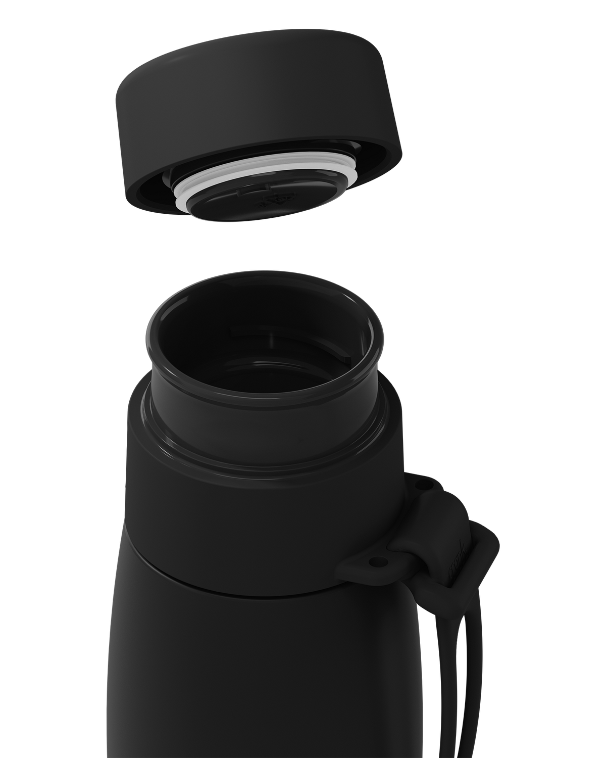Close-up of a matte black thermal lid lifted off a 20oz insulated bottle, showing the seal and open neck.