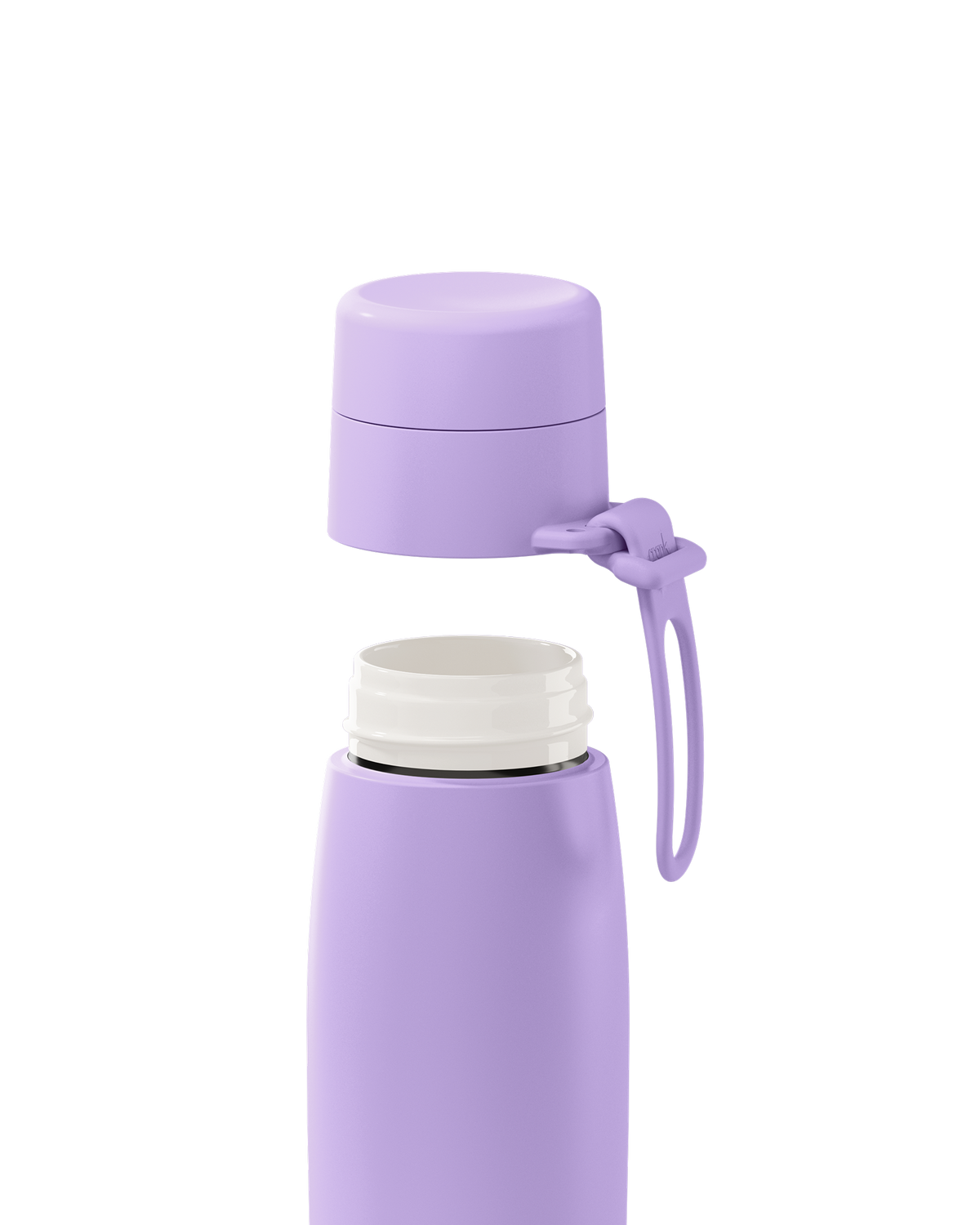 A lavender 20oz insulated bottle with the lid lifted off, showing the white ceramic-lined interior.