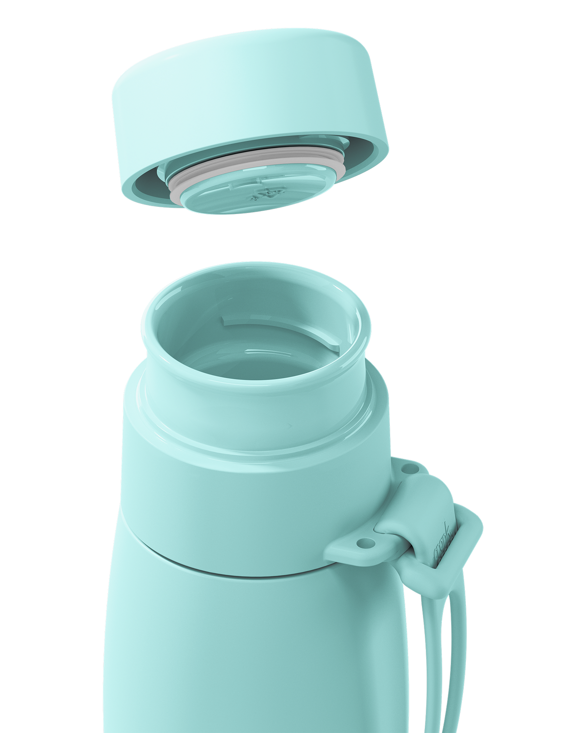 Close-up of a mint green thermal lid lifted off a 20oz insulated bottle, showing the seal and open neck.