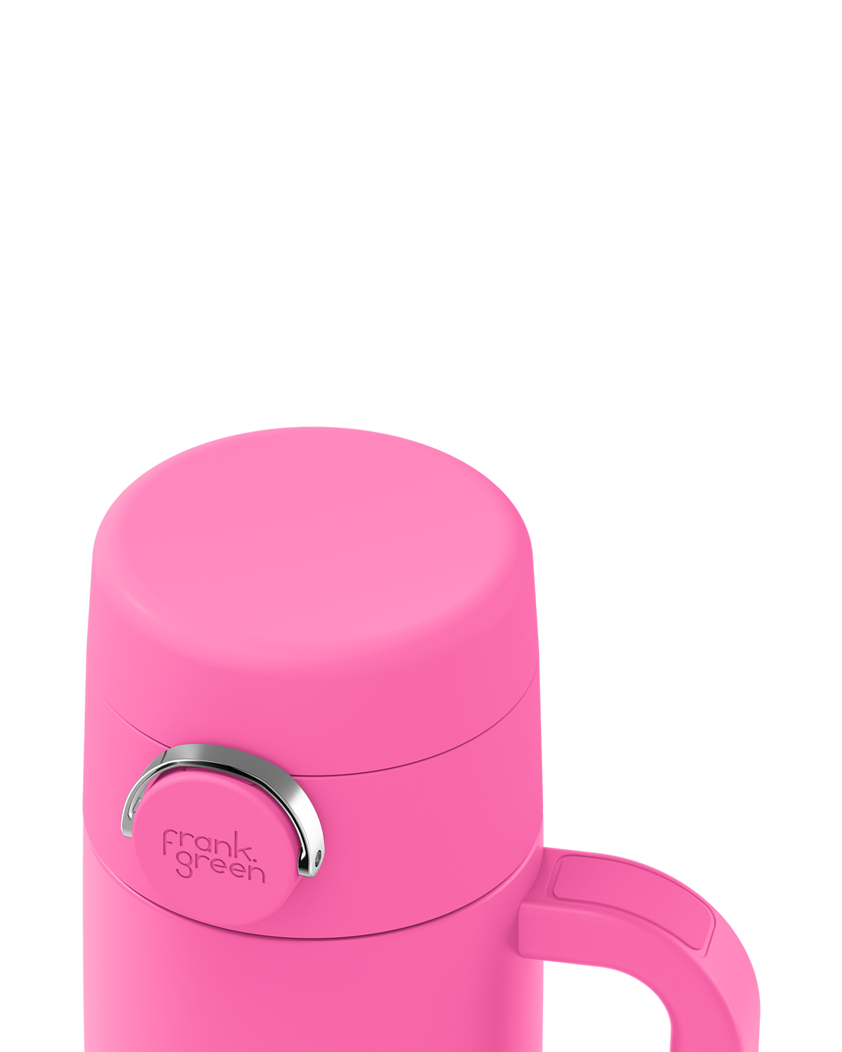 A close-up of a bright pink vacuum-insulated bottle with a matching pink lid, a silver metal loop handle, and the 'frank green' logo printed on the front, set against a solid white background.