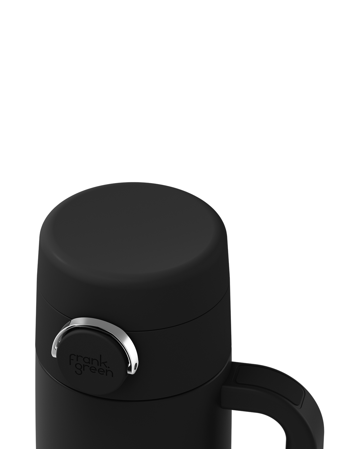 Close-up of a matte black vacuum insulated bottle with a matching black lid, a silver metal ring accent, and the 'frank green' logo printed on the side, set against a solid white background.