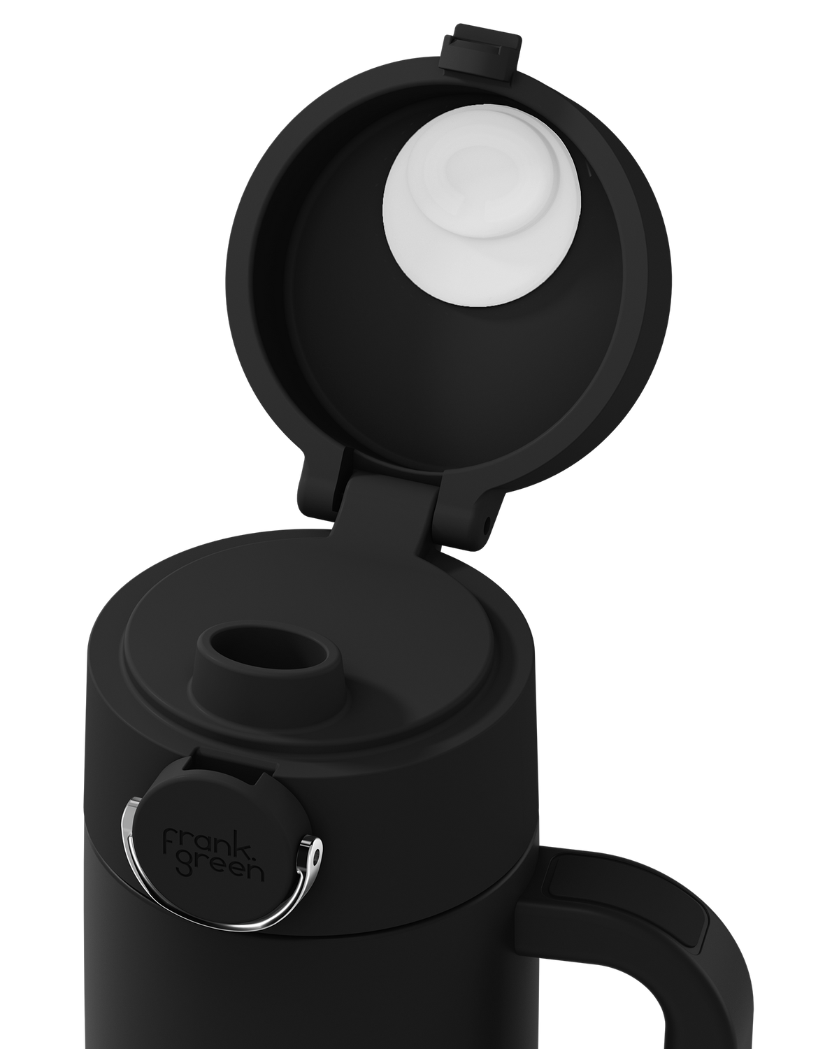 Close-up of a black insulated tumbler with the lid open, showing a white interior insert and a silver metal loop. The frank green brand name is visible on the clasp.