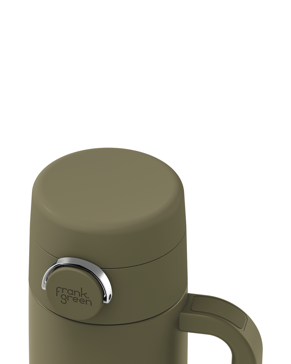 Close-up of a frank green insulated bottle in olive green, showing the lid, a silver accent ring, and part of the handle against a white background.