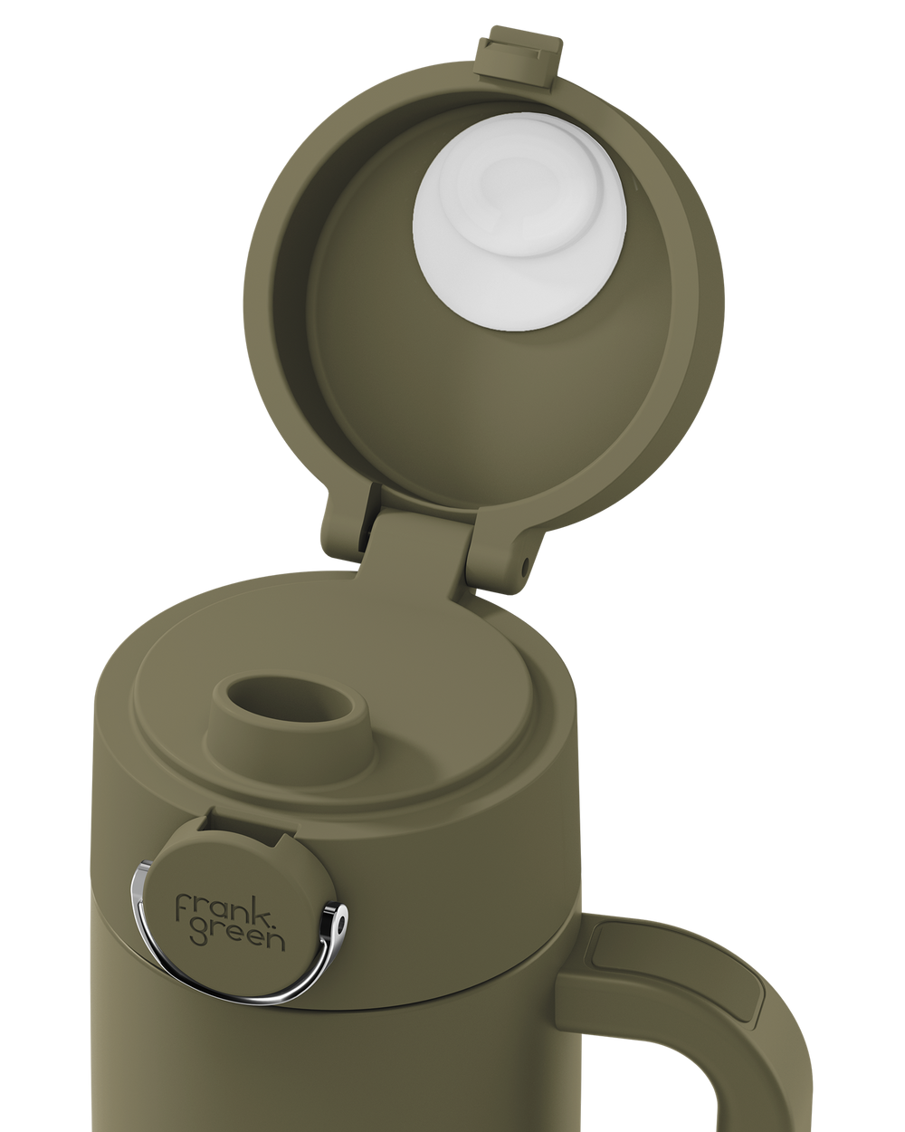 An olive green insulated water bottle with its flip-up lid open, showing a white inner lid and a silver metal ring. The brand name 'frank green' is printed on the silver ring.
