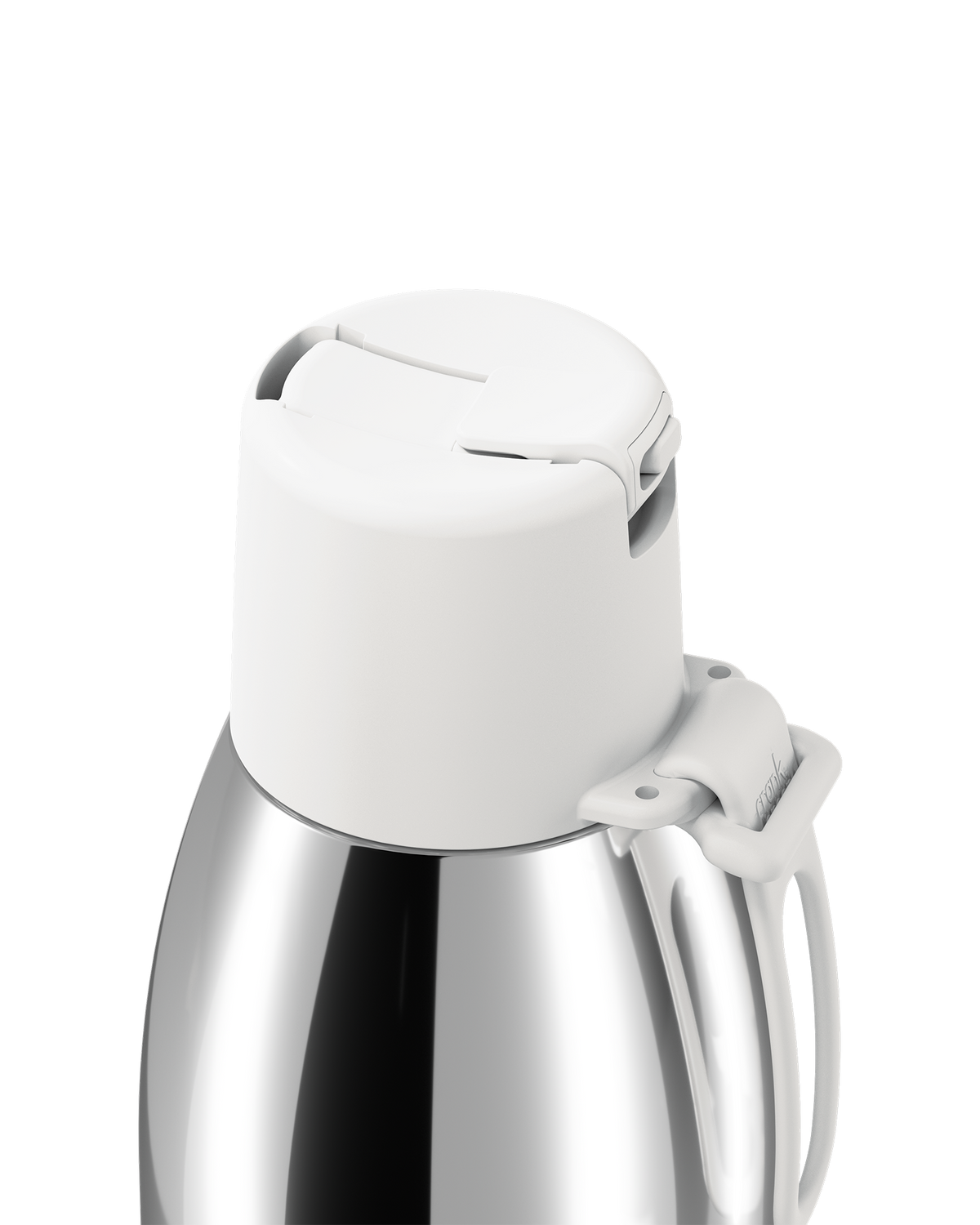Close-up of a stainless steel thermal bottle with a white plastic lid and handle on a white background.