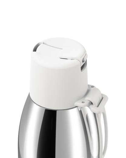 Close-up of a stainless steel thermal bottle with a white plastic lid and handle on a white background.