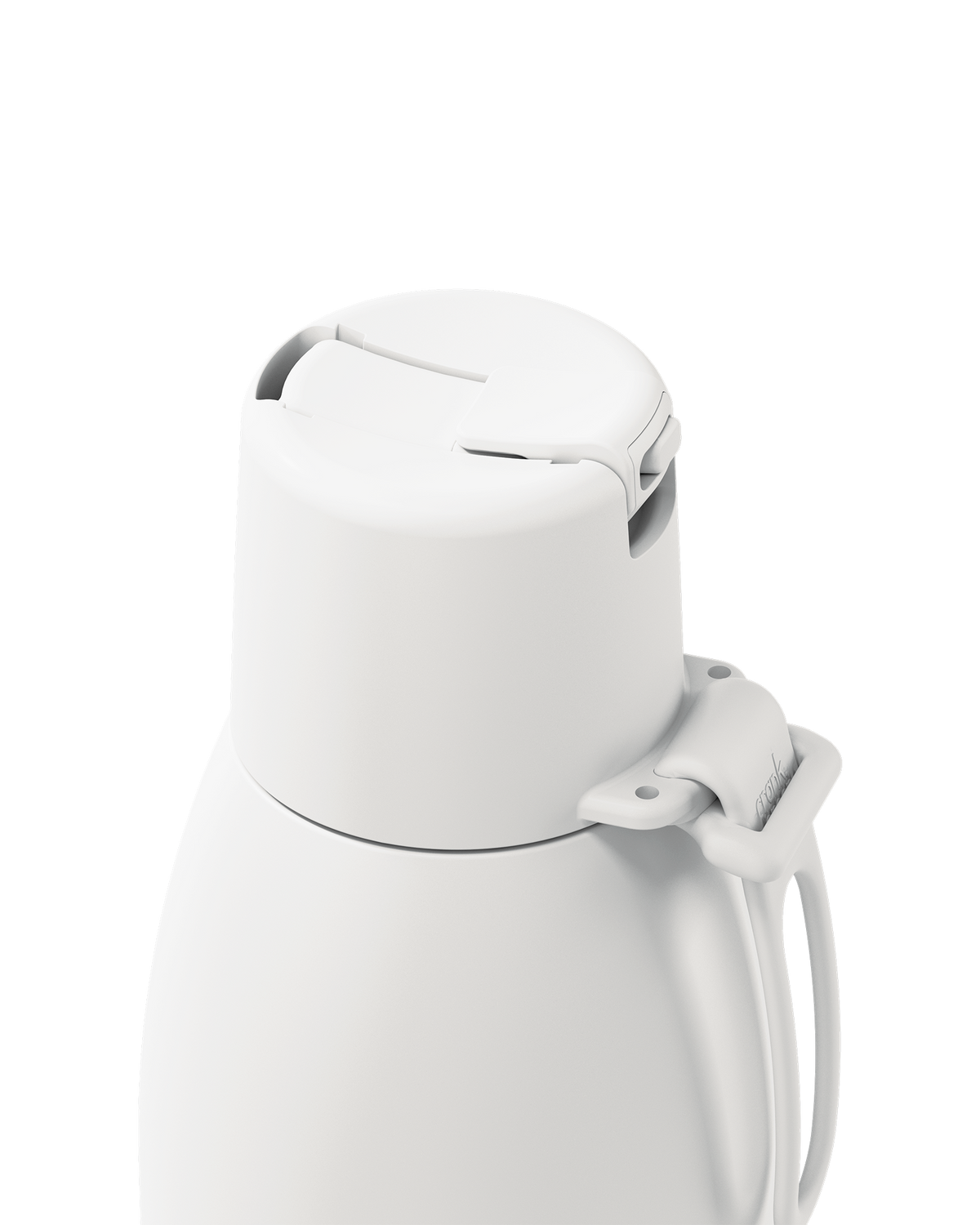 Close-up of a white vacuum-insulated bottle or thermos with a flip-top lid and side handle, shown on a clean white background.