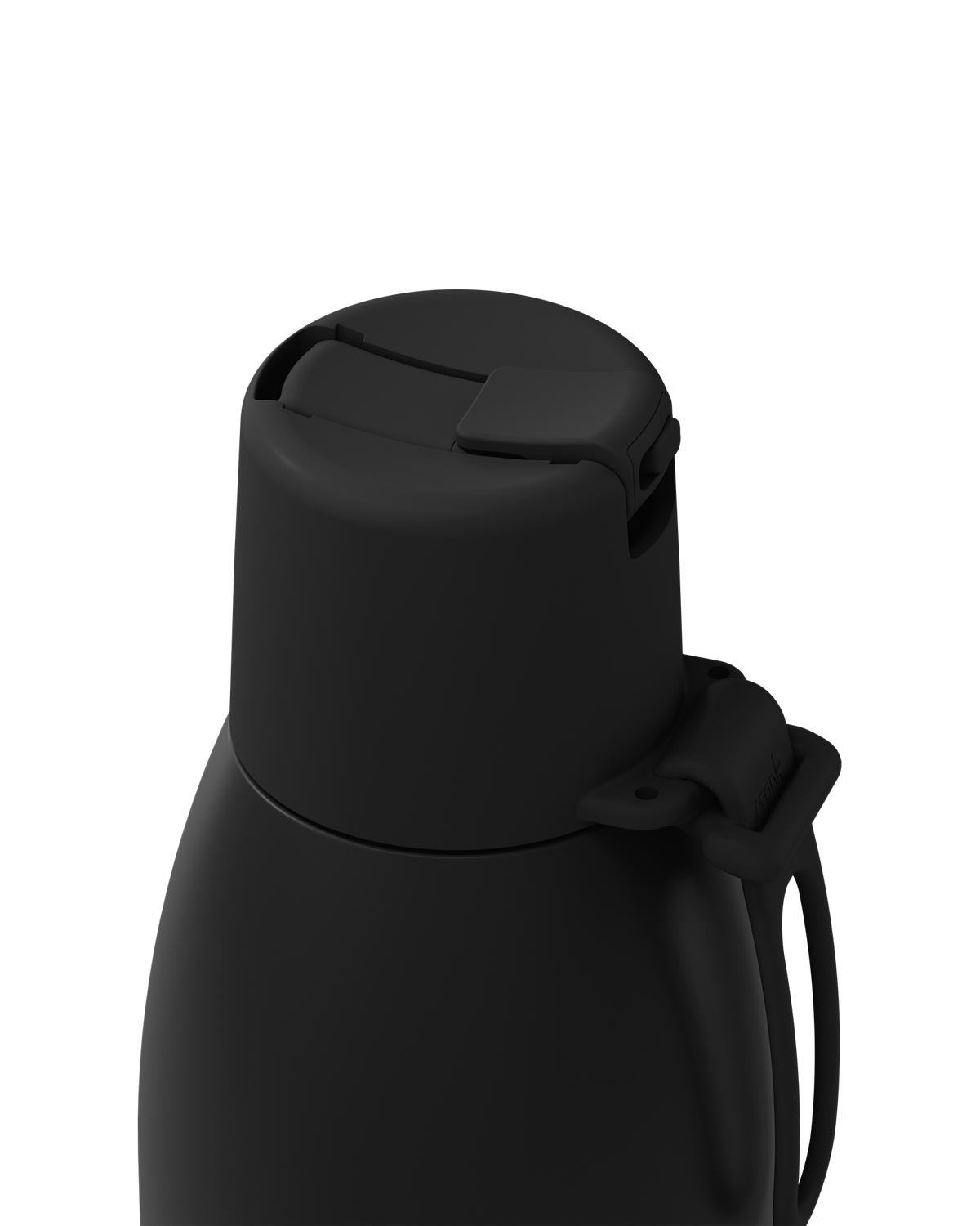 Close-up of a matte black insulated bottle with a flip-top lid and carrying loop, shown on a plain white background.