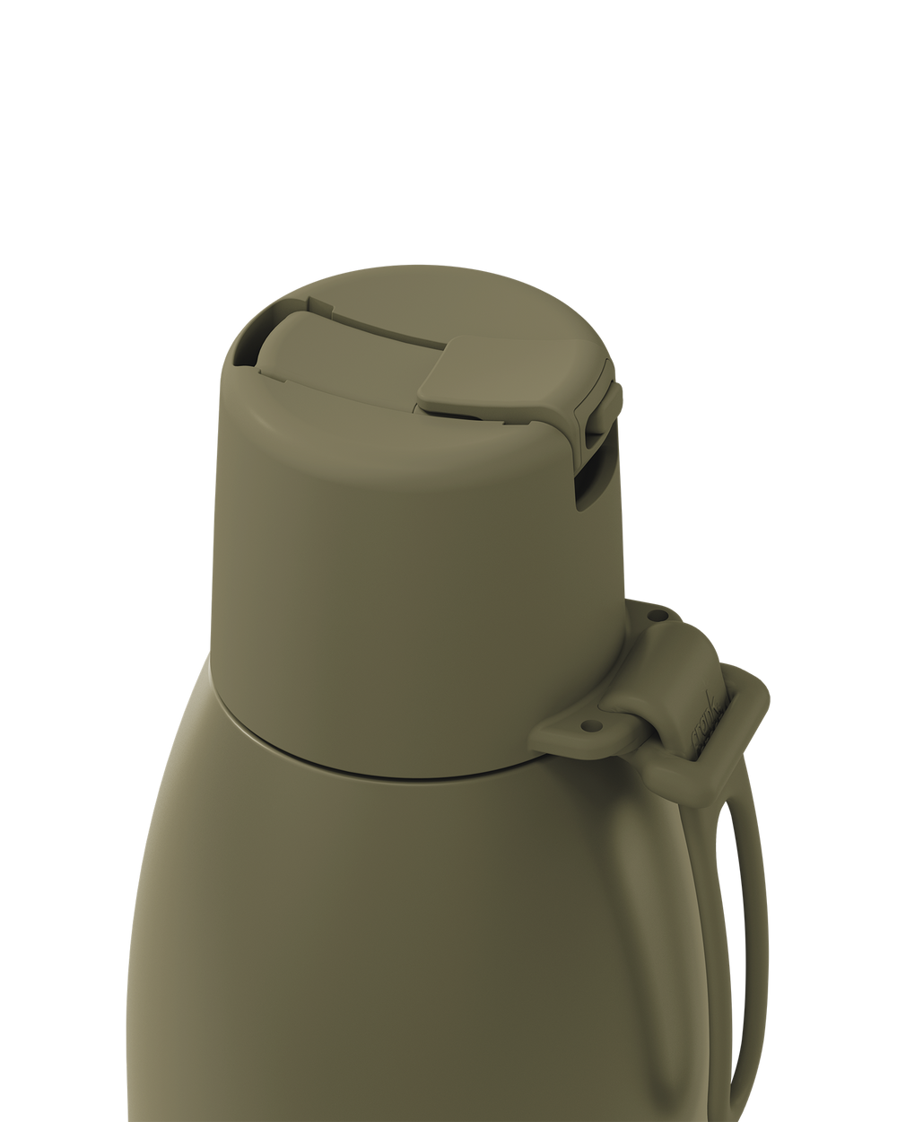 Close-up of a matte olive green vacuum-insulated bottle or thermos with a flip-top lid and carrying loop, shown on a plain white background.