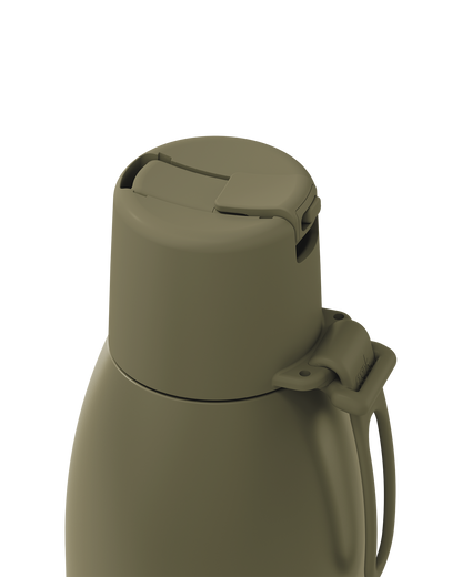 Close-up of a matte olive green vacuum-insulated bottle or thermos with a flip-top lid and carrying loop, shown on a plain white background.
