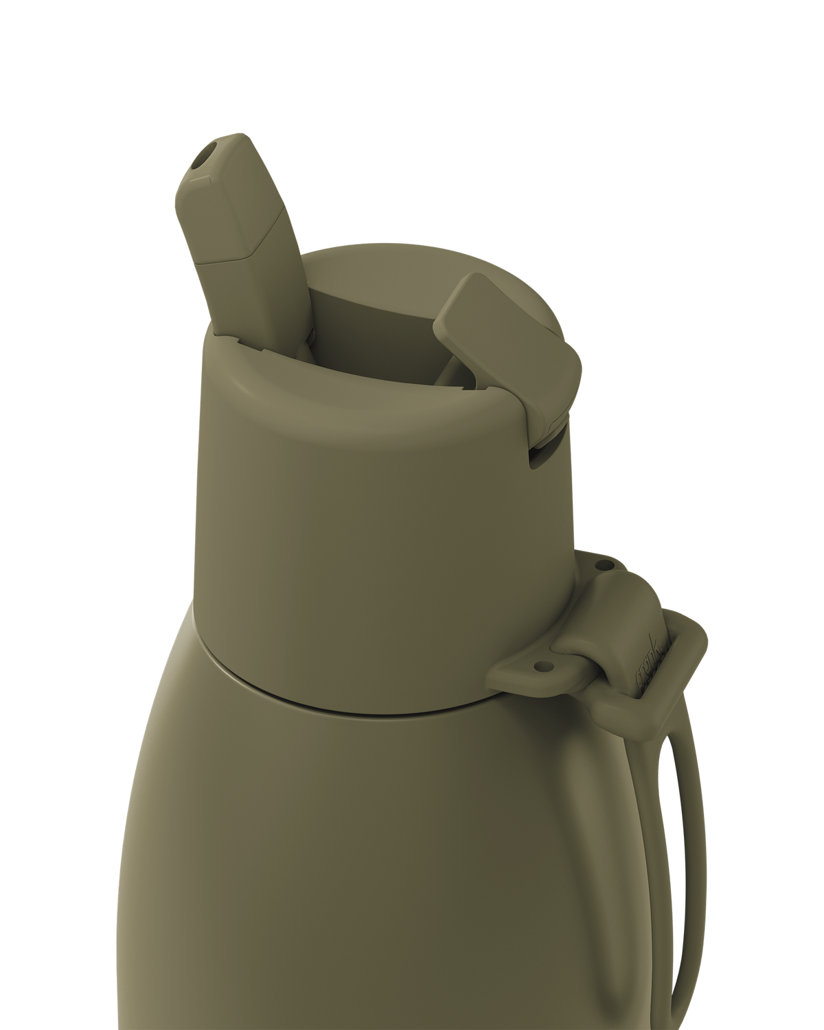 Close-up of a matte olive green insulated bottle or thermos with a flip spout lid and carrying loop, shown on a plain white background.