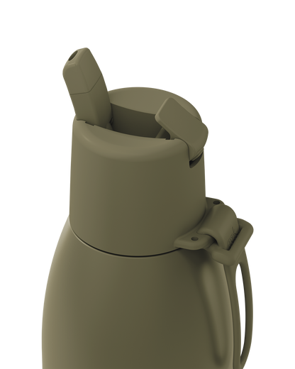 Close-up of a matte olive green insulated bottle or thermos with a flip spout lid and carrying loop, shown on a plain white background.