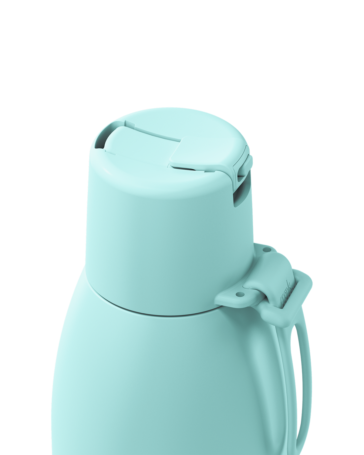 A close-up of a light mint green insulated bottle showing the lid and handle against a solid white background.