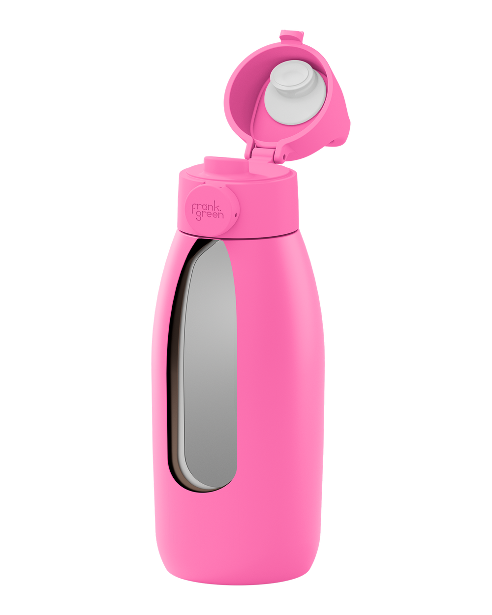 A bright pink insulated water bottle with a flip-up lid, shown on a plain white background. The bottle has a large clear window on the front and the brand name 'frank ocean' is visible on the collar.