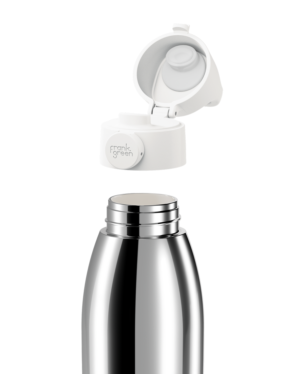 A stainless steel water bottle with its white flip-top lid removed and floating above the bottle neck, shown on a clean white background. The lid has the 'frank green' logo printed on it.