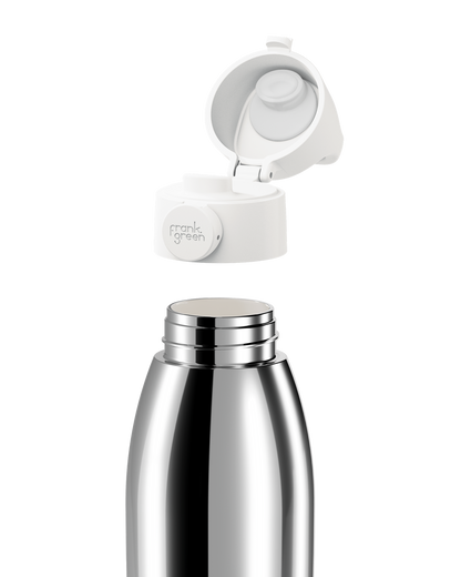 A stainless steel water bottle with its white flip-top lid removed and floating above the bottle neck, shown on a clean white background. The lid has the 'frank green' logo printed on it.