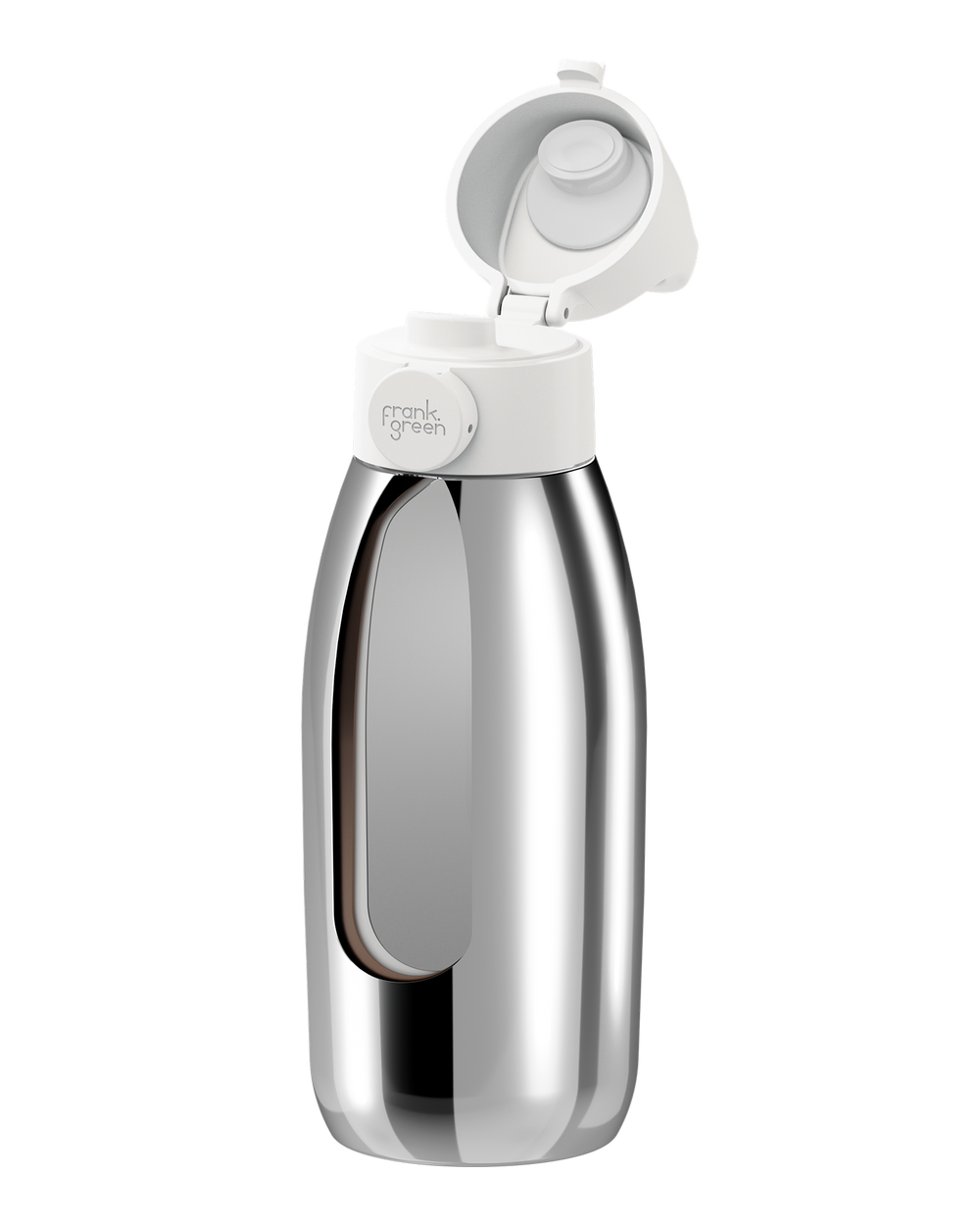 A stainless steel water bottle with a white flip-top lid, shown on a clean white background.
