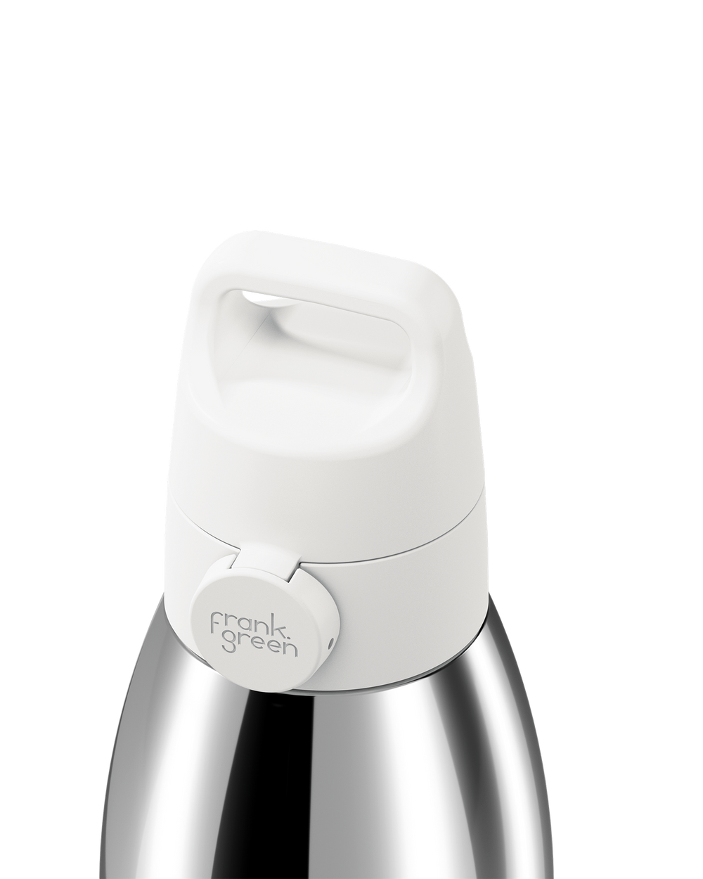 Close-up of a stainless steel water bottle with a white lid and a circular white logo plate reading 'frank green' on a white background.