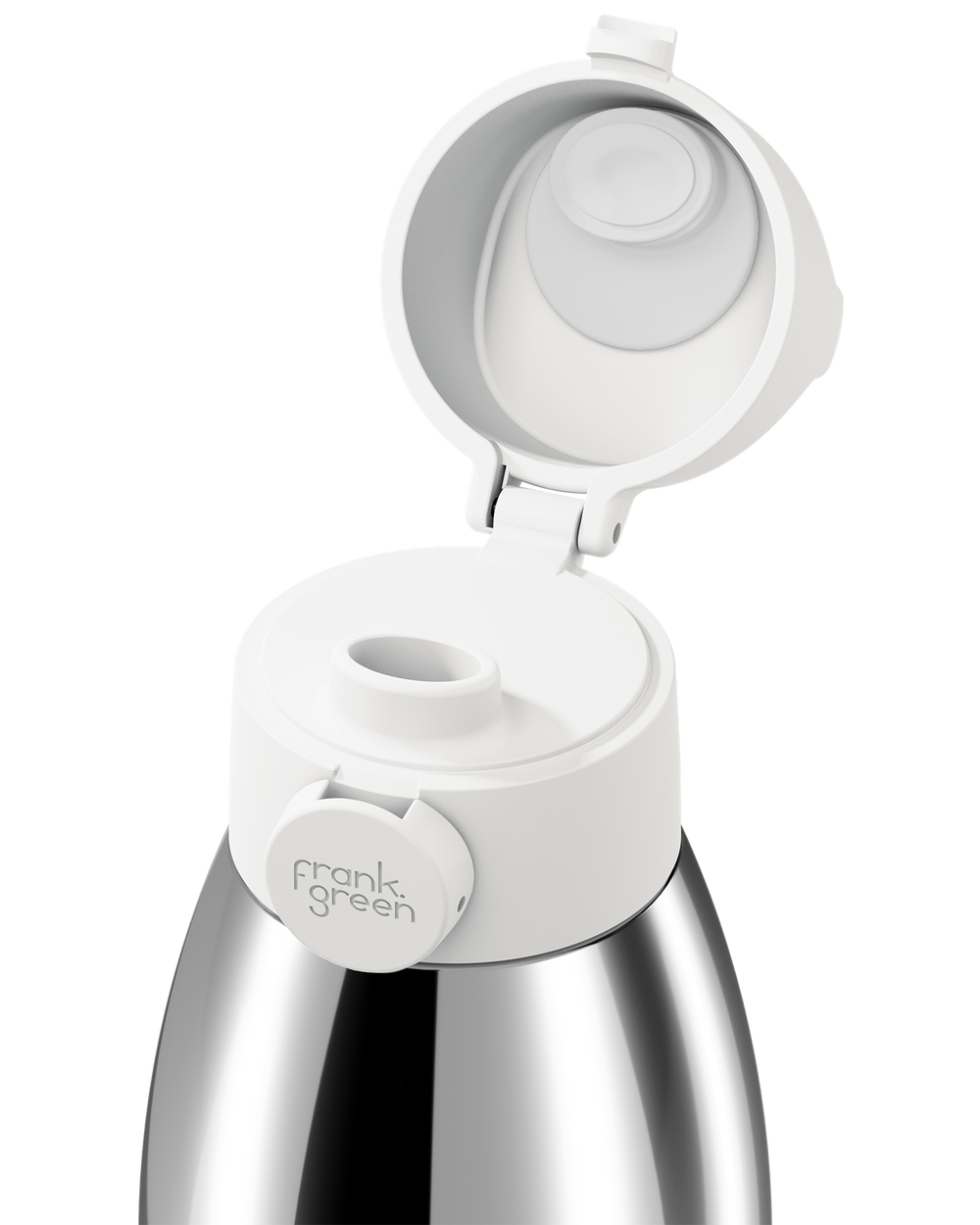 Close-up of a stainless steel bottle with a white flip-up lid, showing the brand name 'frank green' on the side and the interior straw or spout detail.