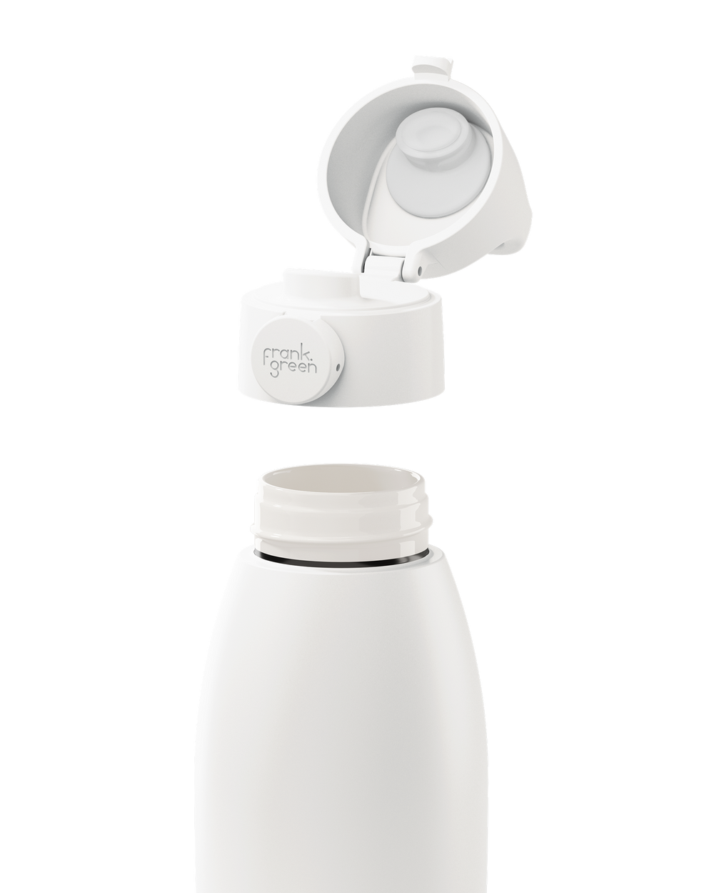 A white insulated bottle with its cap removed and floating above the bottle neck, showing the interior opening and a small circular brand badge that reads 'moka green'.