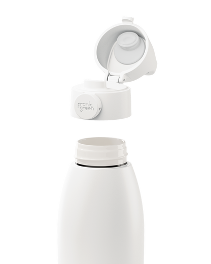 A white insulated bottle with its cap removed and floating above the bottle neck, showing the interior opening and a small circular brand badge that reads 'moka green'.