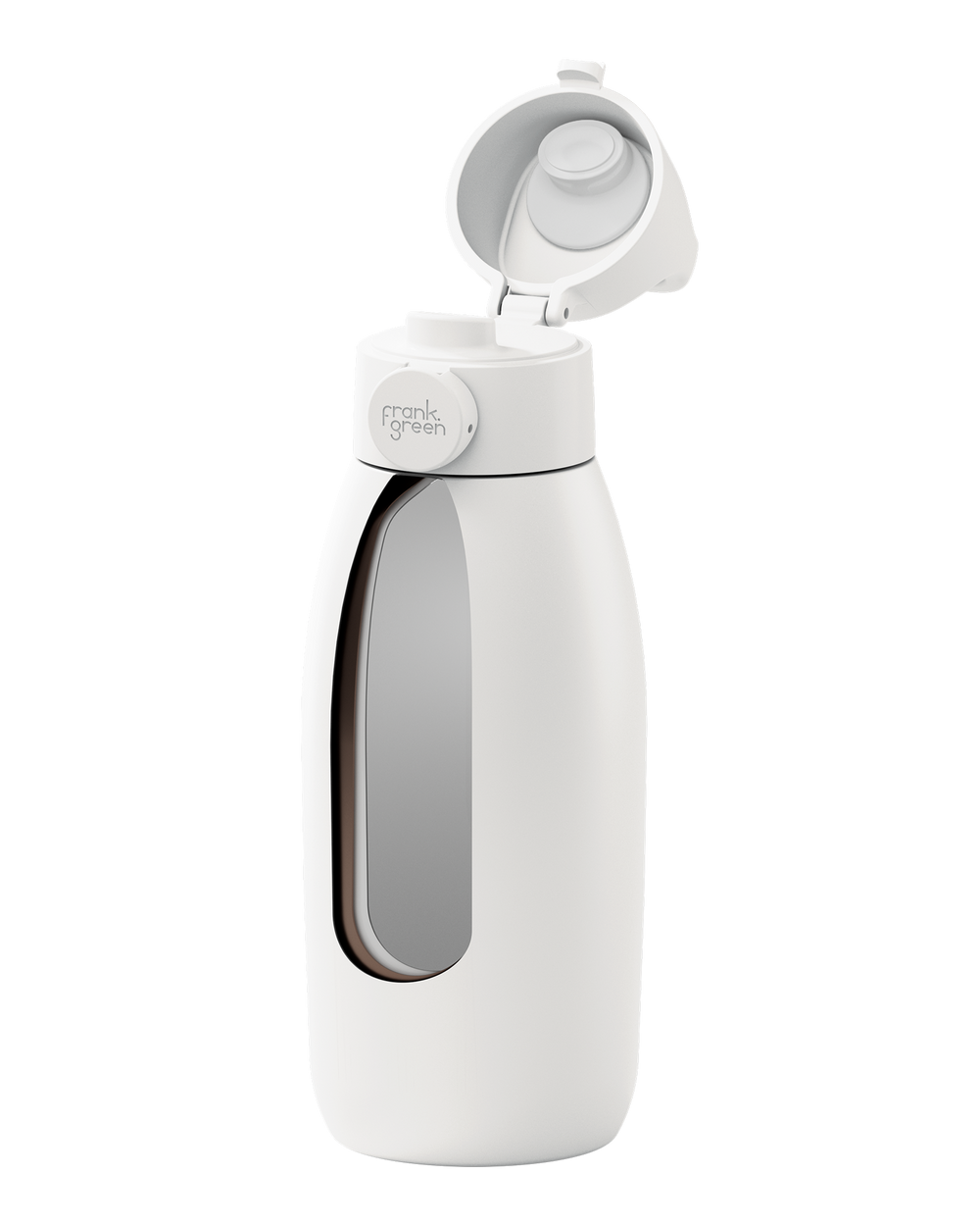 A white insulated water bottle with a flip-top lid, shown on a clean white background. The bottle features a large clear window on the side and a small circular brand label that reads 'frank ocean'.