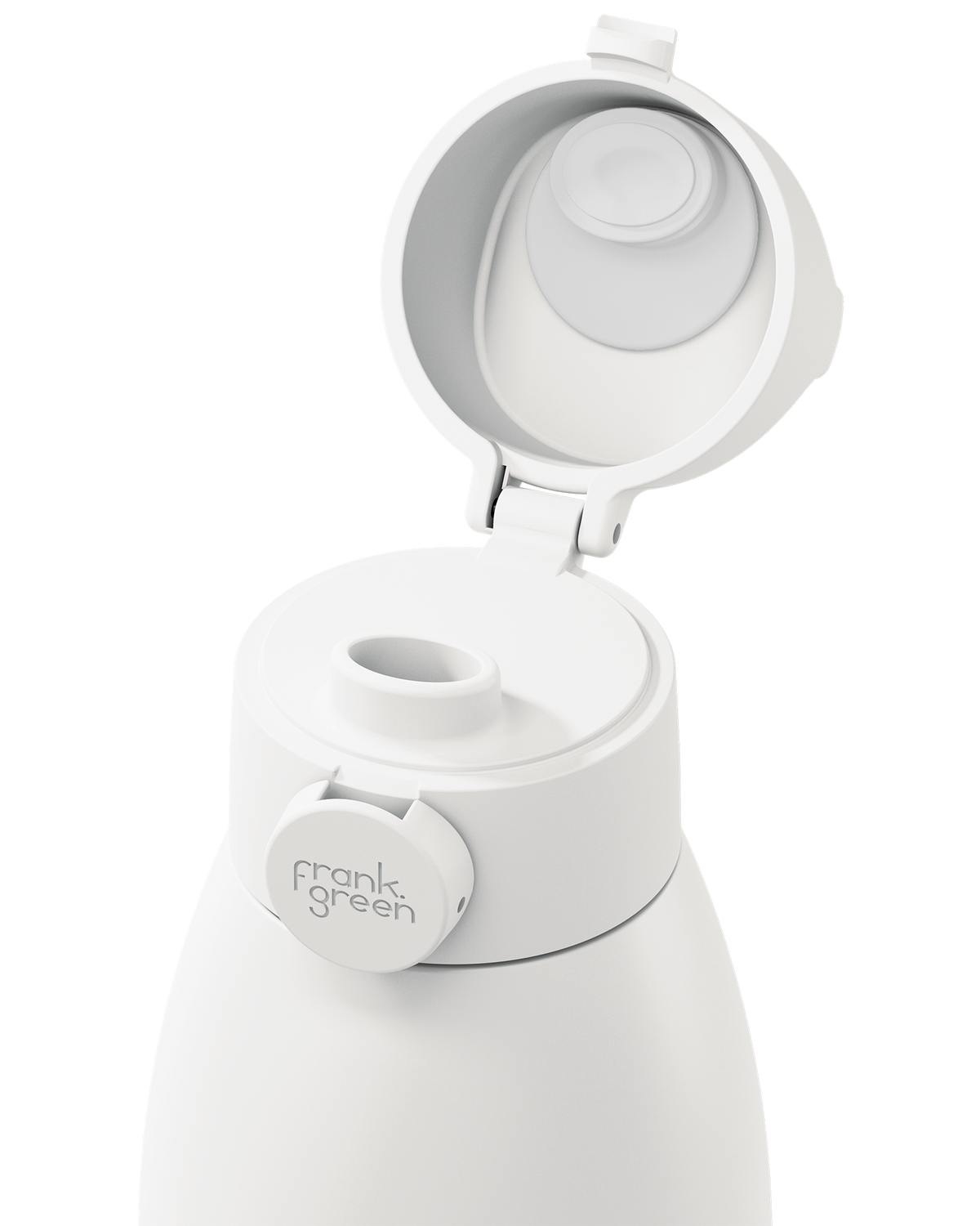 Close-up of a white reusable bottle with its flip-top lid open, showing the interior and a round white cap labeled 'frank green' on a clean white background.