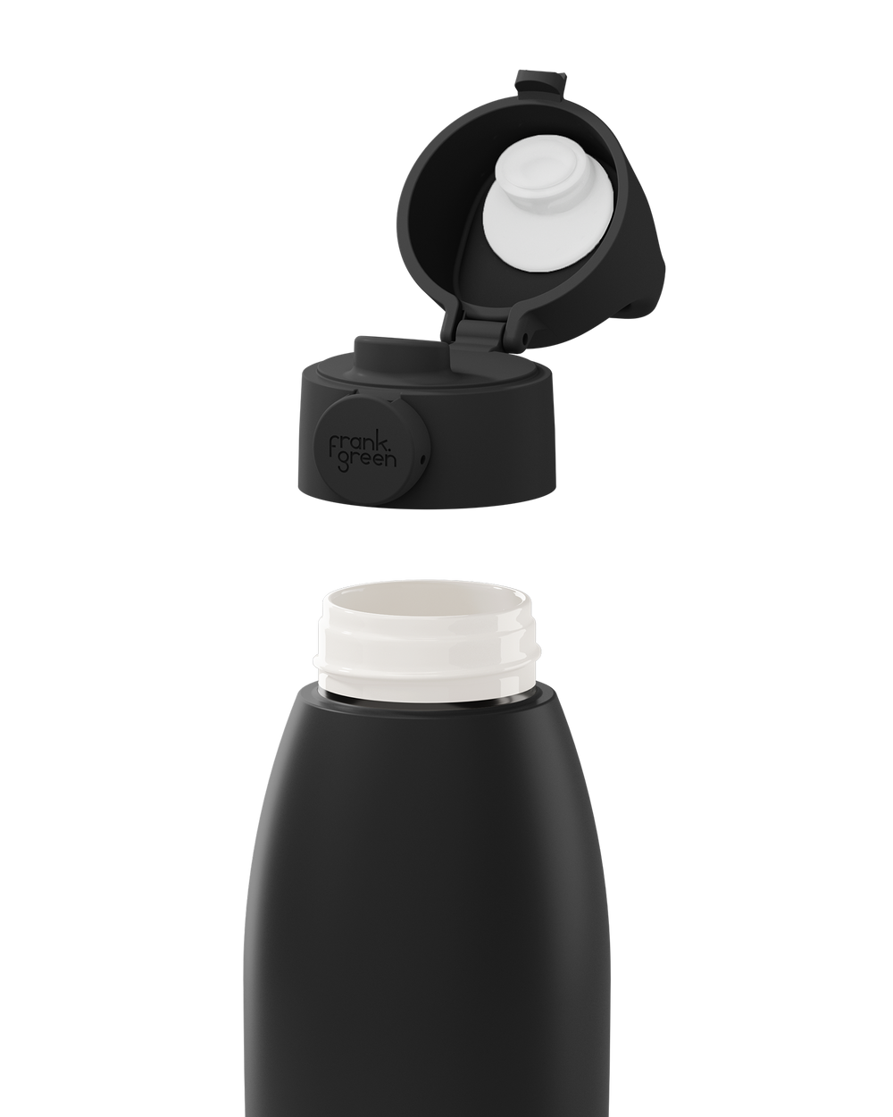 A matte black insulated bottle with its lid removed and shown open above the bottle neck, on a clean white background. The brand name 'mark green' is embossed on the side of the cap.