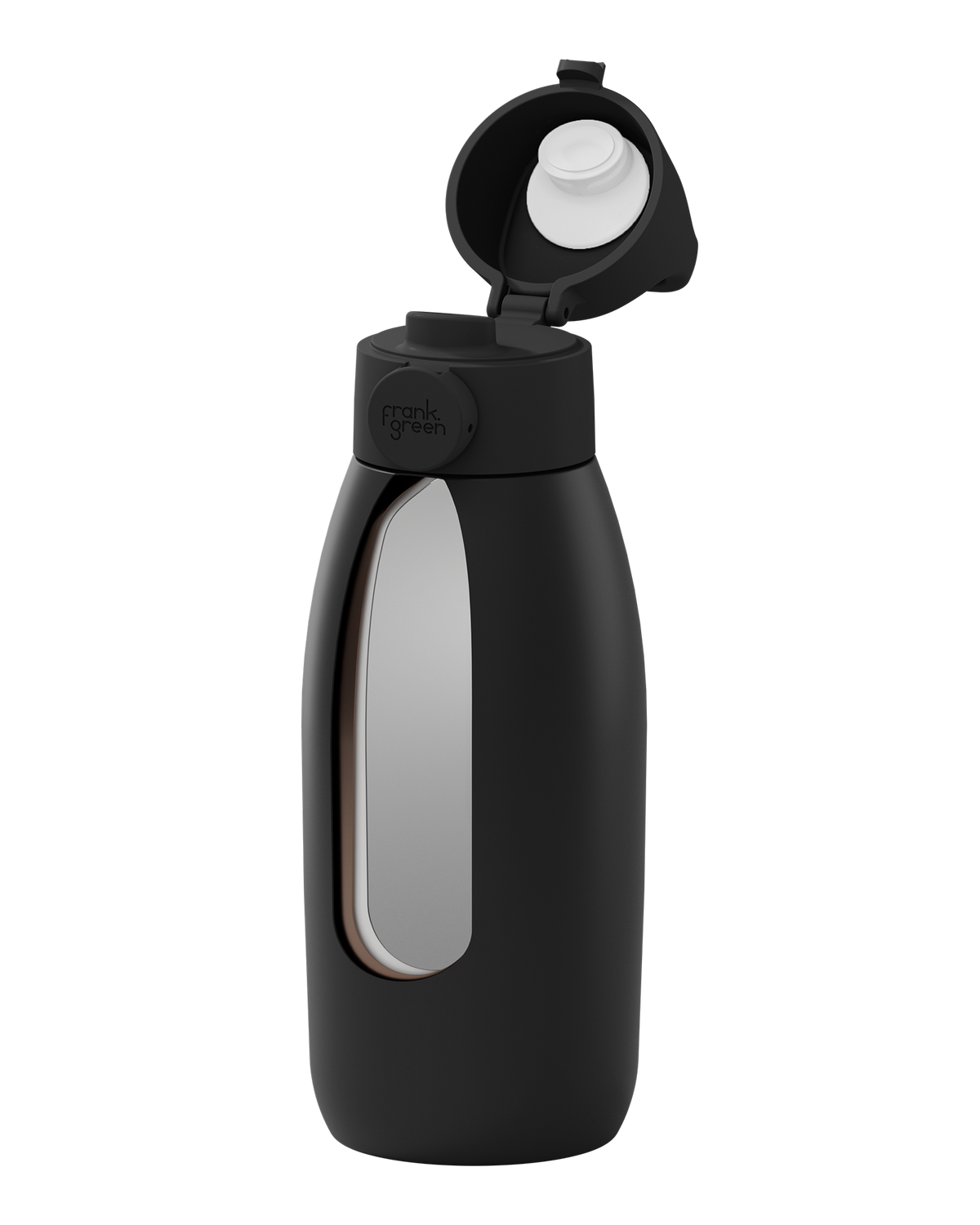 A matte black insulated water bottle with a flip-up lid, shown on a solid white background. The bottle features a large clear window on the front and the brand name 'frank spahn' embossed on the collar.