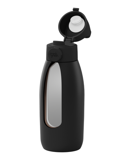 A matte black insulated water bottle with a flip-up lid, shown on a solid white background. The bottle features a large clear window on the front and the brand name 'frank spahn' embossed on the collar.