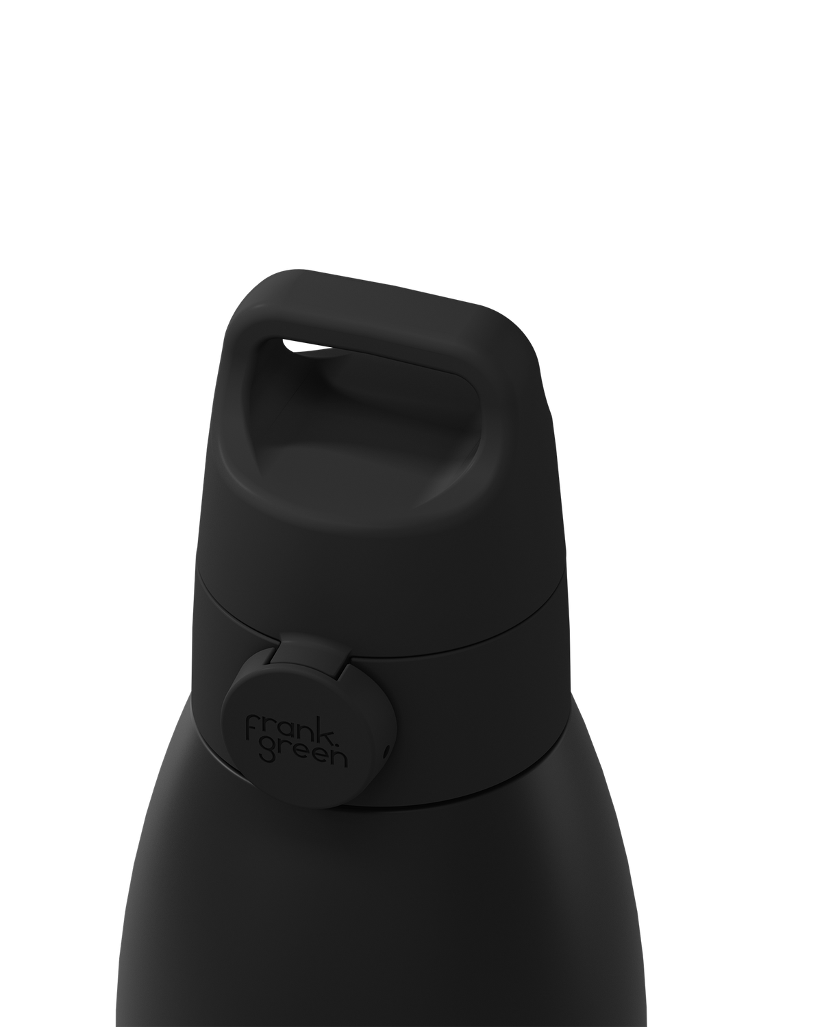 Close-up of a matte black water bottle with a flip-top lid and a circular frank green logo badge, shown against a solid white background.