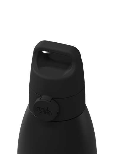 Close-up of a matte black water bottle with a flip-top lid and a circular frank green logo badge, shown against a solid white background.