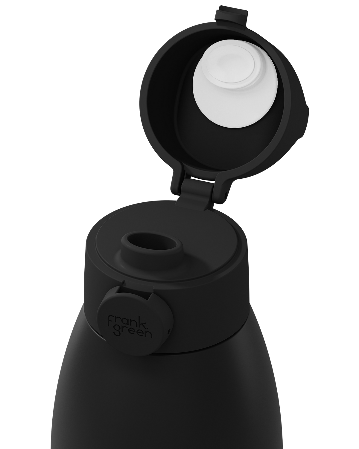 Close-up of a black frank green insulated bottle with the flip-top lid open, showing the white inner cap and the brand name on the side tab, on a white background.