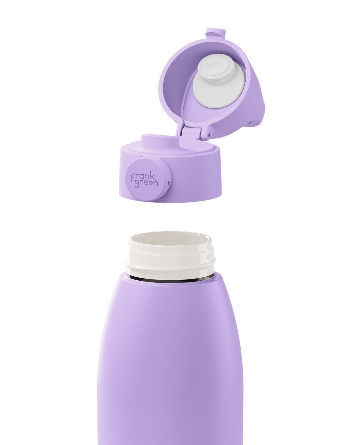 A matte lavender reusable bottle with its cap removed and floating above the bottle opening, showing the white inner lid and threaded neck. The cap has a circular purple button with the brand name 'frank green' printed on it.